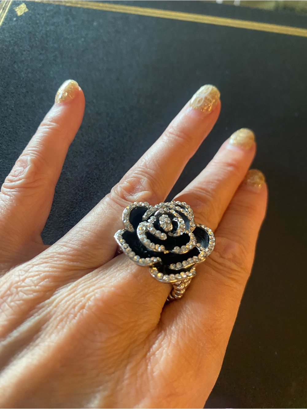 Black Rose Silver Crystal Stretch Statement Cocktail Ring NWOT